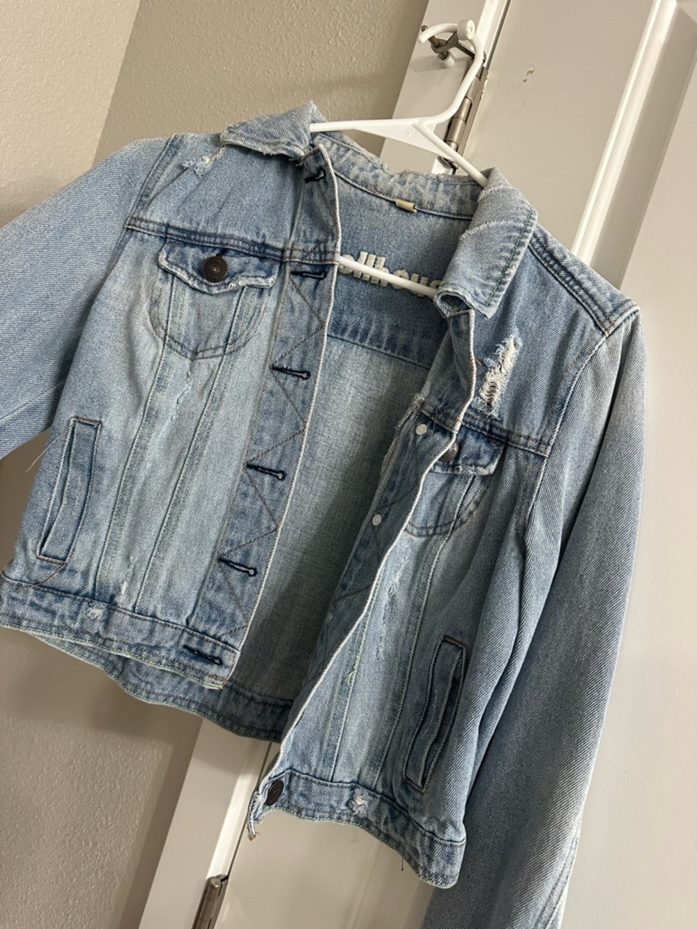 Distressed Denim Jacket with Embroidered Logo
